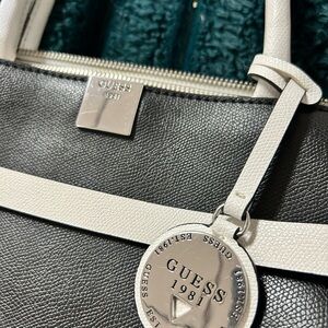 GUESS Black and White Logo Satchel with Charm